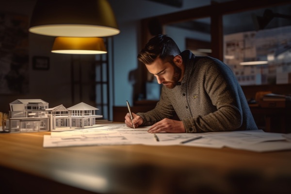 Architect drafts plans for an upcoming project.
