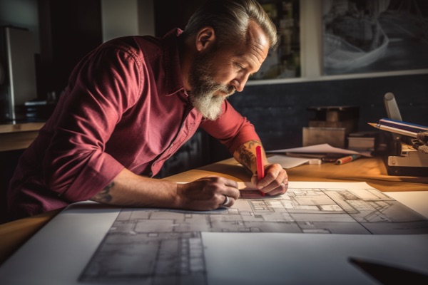 Experienced architect designs plans for an upcoming project.
