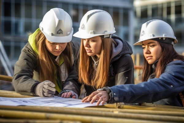 Three female architects are on-site with their drafted plans, actively engaged in the construction process.