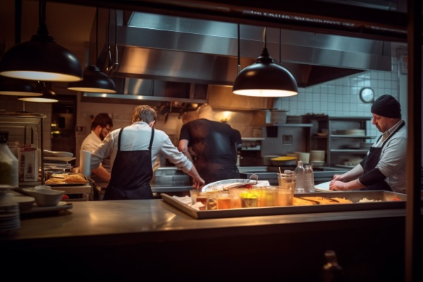 Chefs working in a busy commercial kitchen with food on the counter