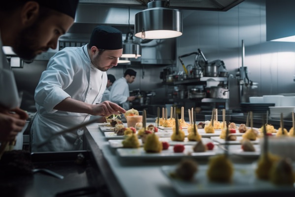 Chefs plating gourmet dishes in a modern stainless steel kitchen