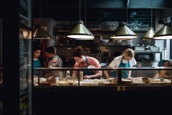 Team preparing food behind a counter in a modern restaurant kitchen.