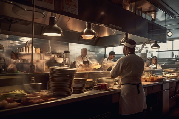 Chefs working in a bustling restaurant kitchen during service.