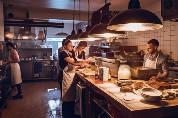 Team preparing meals in a warmly lit restaurant kitchen