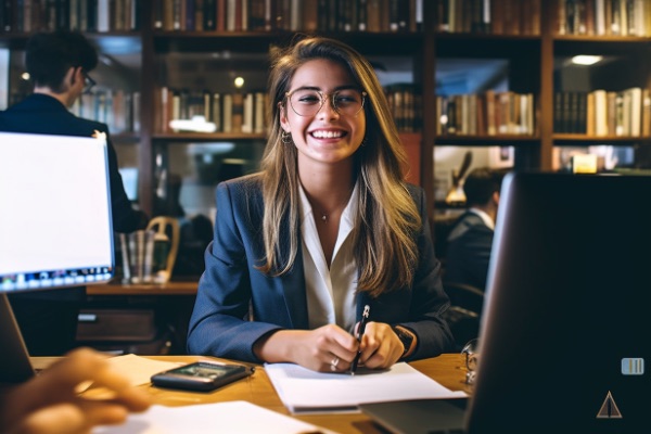 A confident finance professional diligently works in her office, embracing the tasks at hand.