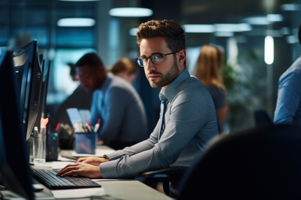 Man working at computer in modern open-plan office.
