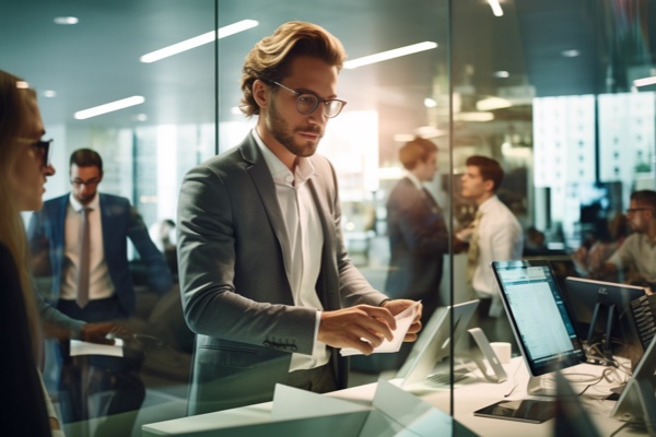 Man working at computer in modern glass office
