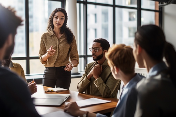 Woman leads a discussion with colleagues in a meeting room