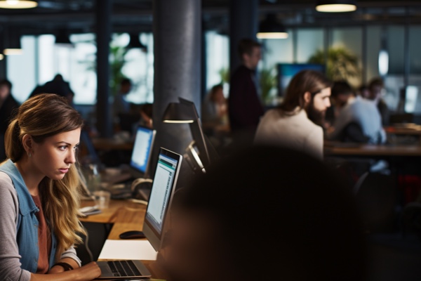 Focused woman working at a computer in a modern office