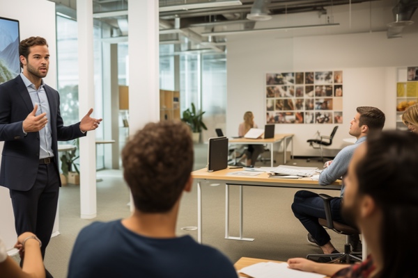 Man giving a presentation to a group in a modern office
