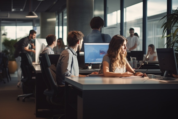 Workers in separate cubicles focus on office tasks as a cohesive team.