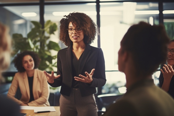 Woman speaking to colleagues in a modern office meeting.