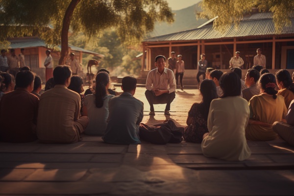 Group of people are all sitting cross-legged outside as a man talks to them.