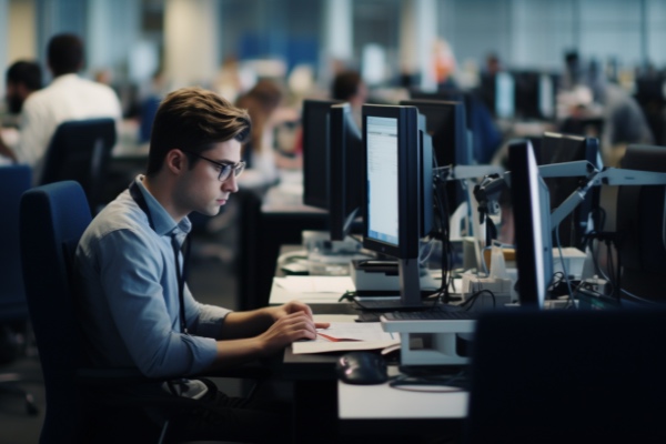 A man intensely works on his computer in a large office, surrounded by coworkers focused on their tasks.