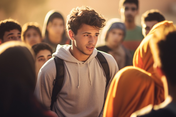 A focused young man engages in an intense conversation amidst a large crowd.