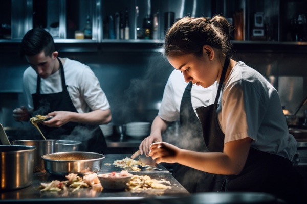 Focused chefs preparing food in a busy, steaming kitchen.