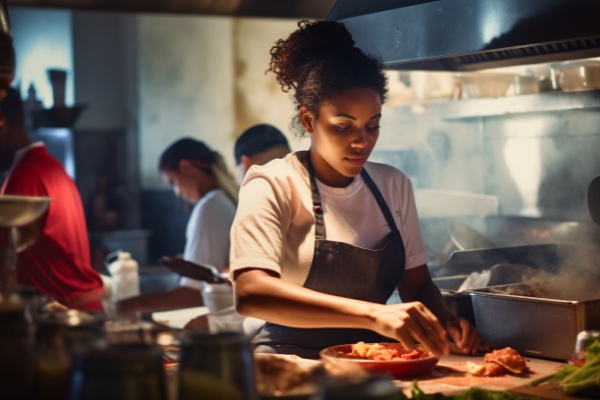 Focused chef preparing food in a busy kitchen.