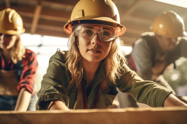 Engineer trio, in overalls, collaborate on a project, striving together for success and project accomplishment.