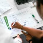 Female civil engineer discusses flood risk management plans with colleague