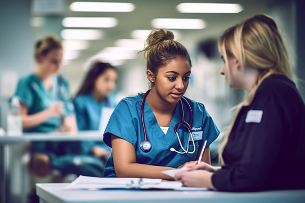 A cheerful healthcare worker diligently tends to duties in the hospital setting.