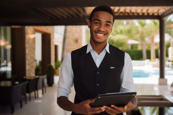 Warmly welcoming, a hospitality worker happily greets arriving guests, setting a friendly tone for their experience in the space.