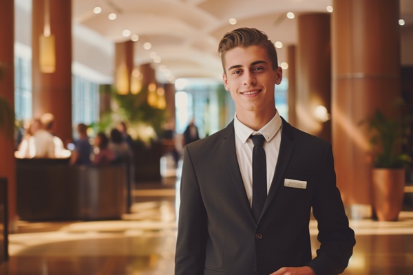 Man in a suit stands with a happy smile on his face, while looking into the camera.