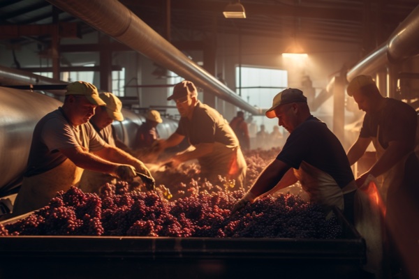 Factory workers carefully harvest and sort grapes, ensuring quality as they meticulously select each fruit for processing.