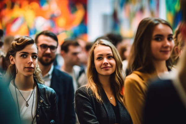 Crowd of enthusiastic youth stand together in a room that's filled with colourful art.