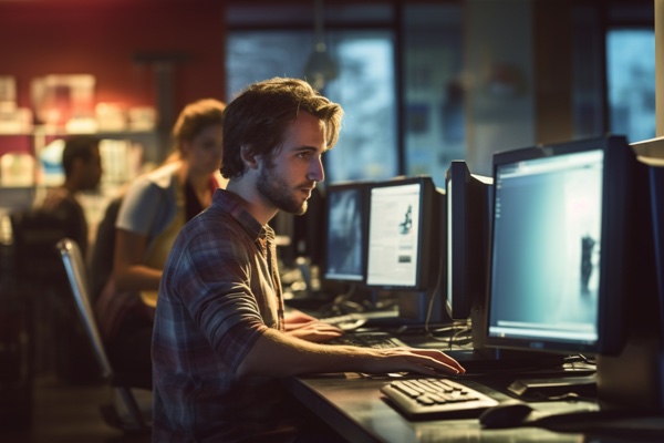 Man employed in IT, operates computers for technological information.