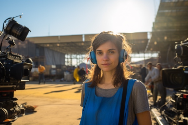 A woman in the film industry is on set, actively involved during a film shoot.