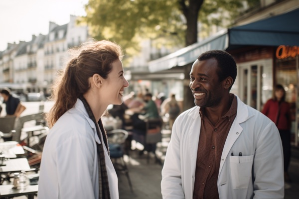 A man and woman laugh together while chatting about something that connects them.