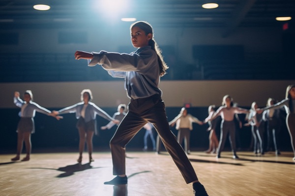 Group of young girls in a big room, learning how to dance.