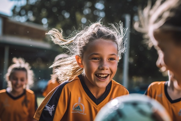 Young girls joyfully play a sports game together, exuding happiness throughout.