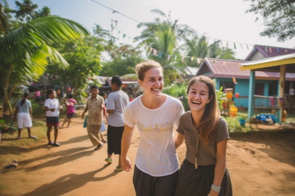 Two joyful girls spread happiness while volunteering in the community, radiating positivity and cheerfulness throughout their activities.