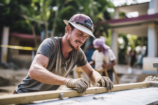 Man working on construction in an outdoor workshop.