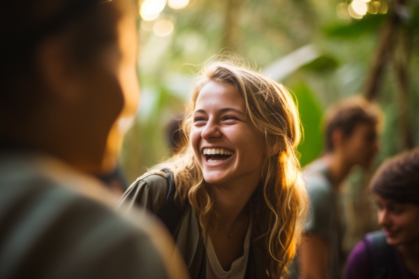 a woman laughing surrounded by people in the forest