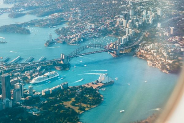 Australia An aerial view of sunny Sydney, Australia from the window seat of a passing plane