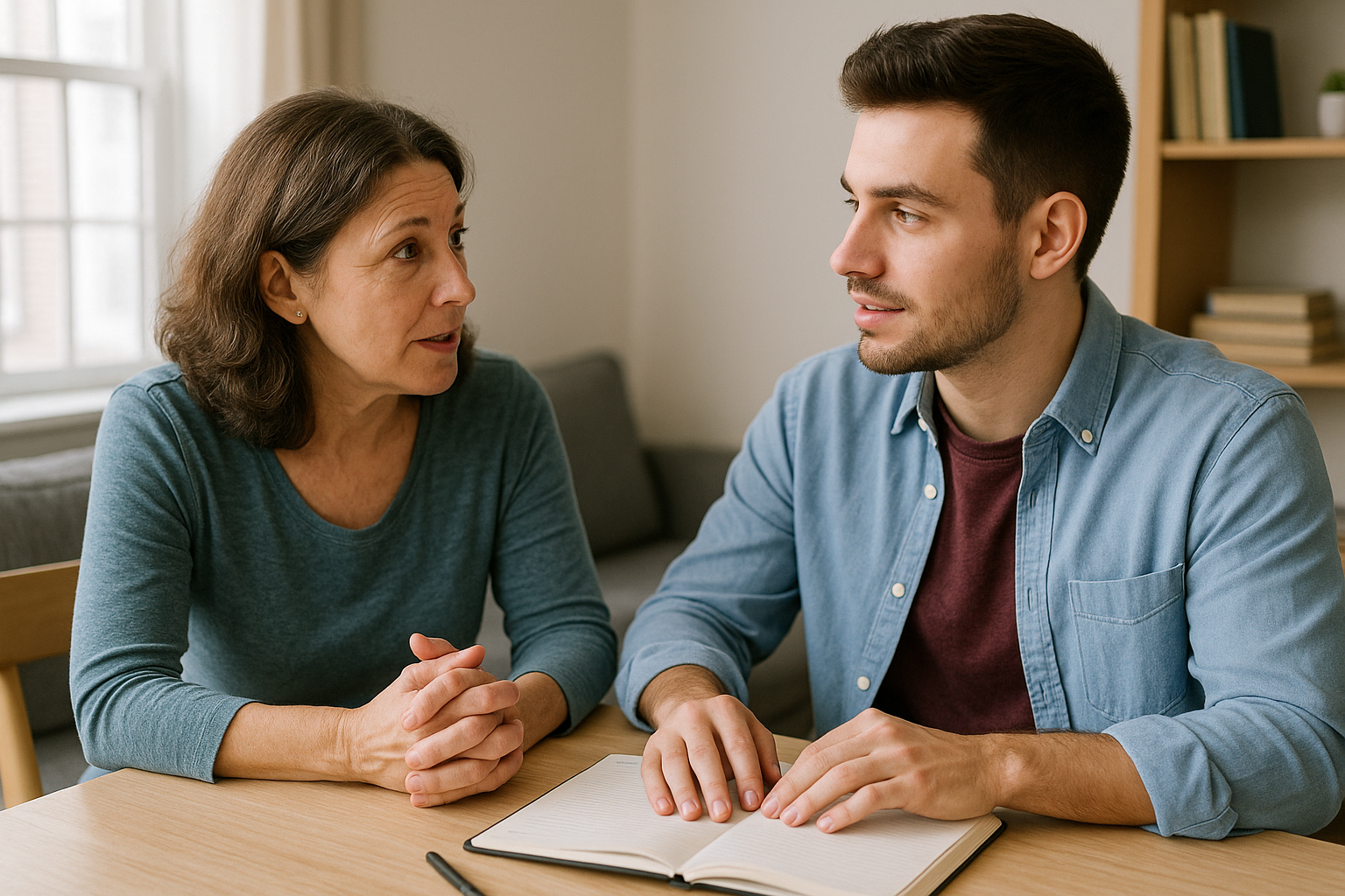 mother and son talking and staring at each other while sitting