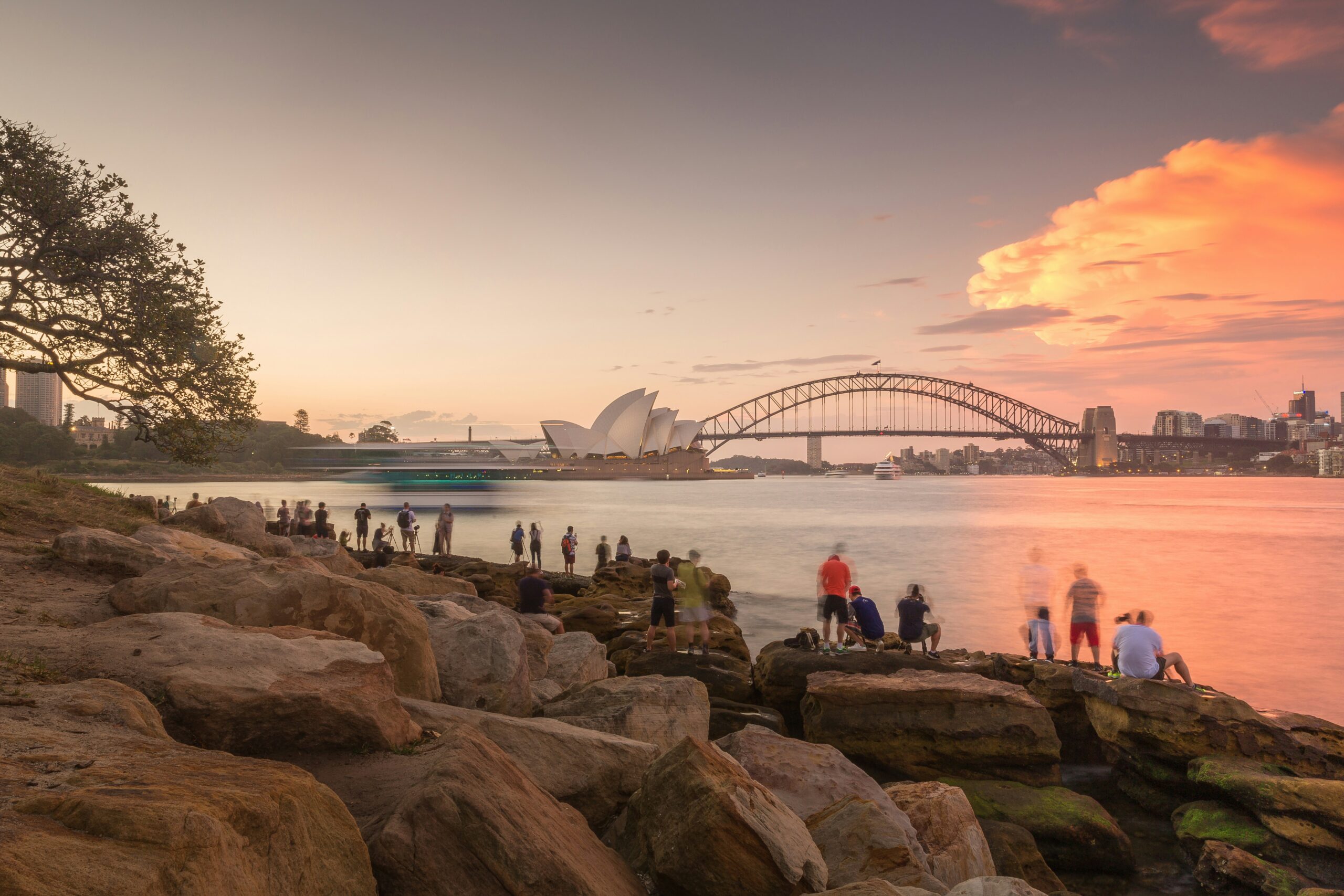 People by the water at sunset with Sydney landmarks
