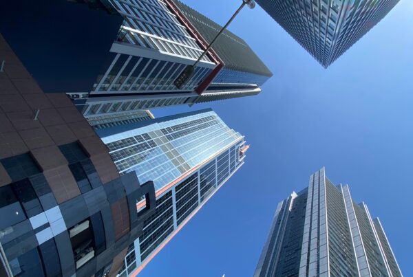 A view looking up at buildings in Sydney, Australia.